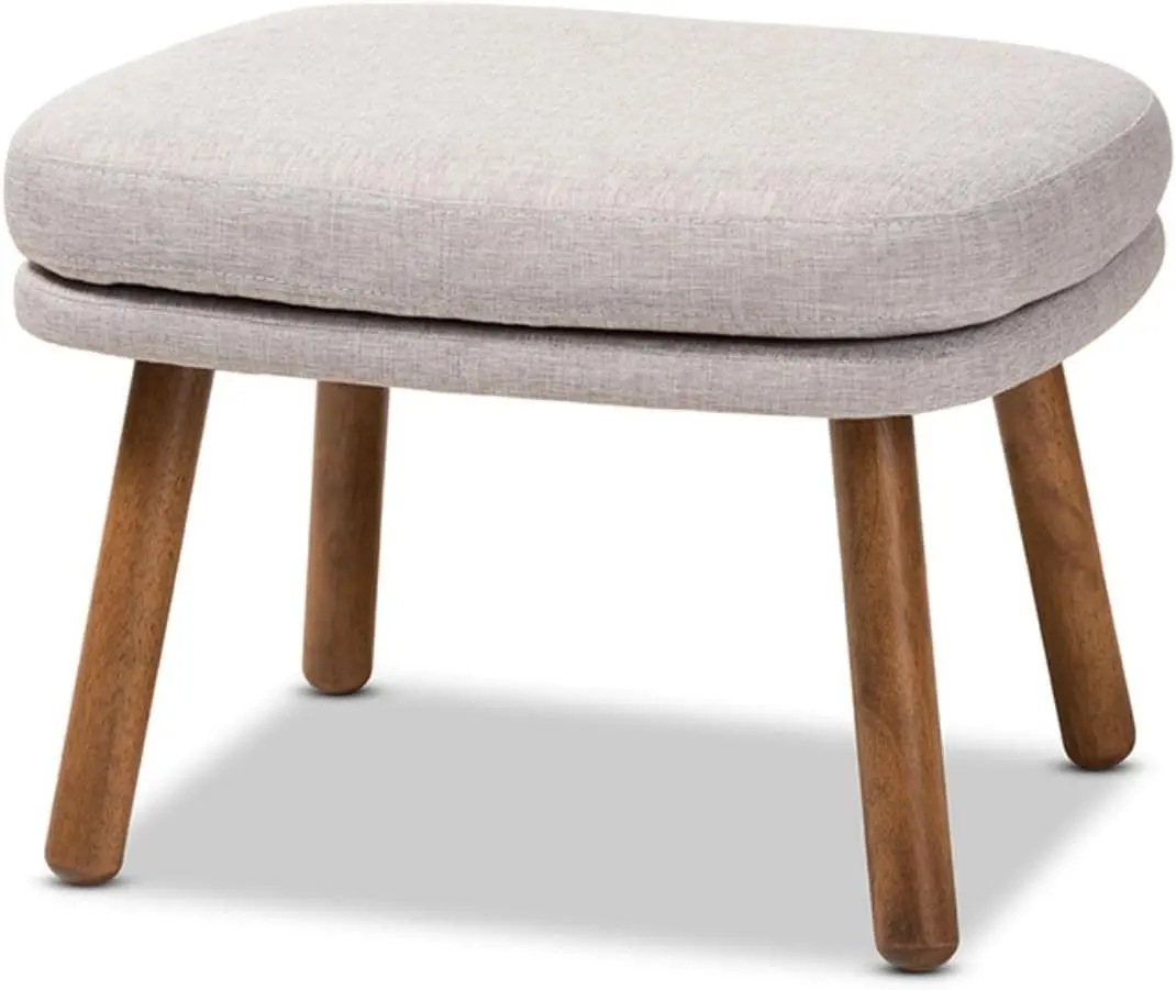 

Lovise Mid- Modern Greyish Beige Fabric Upholstered Walnut Brown Finished Wood Ottoman