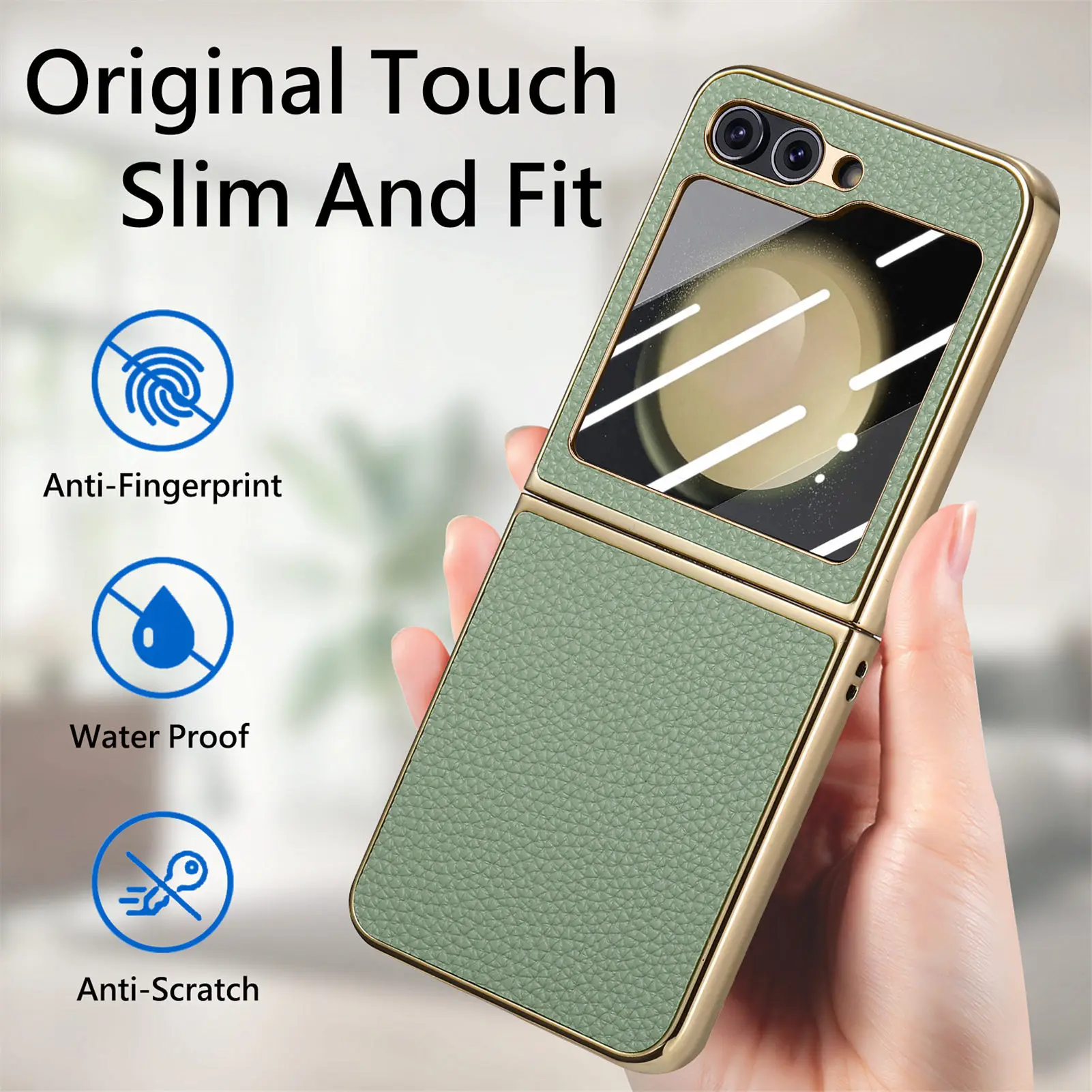 Lychee Pattern Plated Phone Case For Samsung Galaxy Z Flip 5 4 With Screen Protector Shockproof Pu Leather Cover