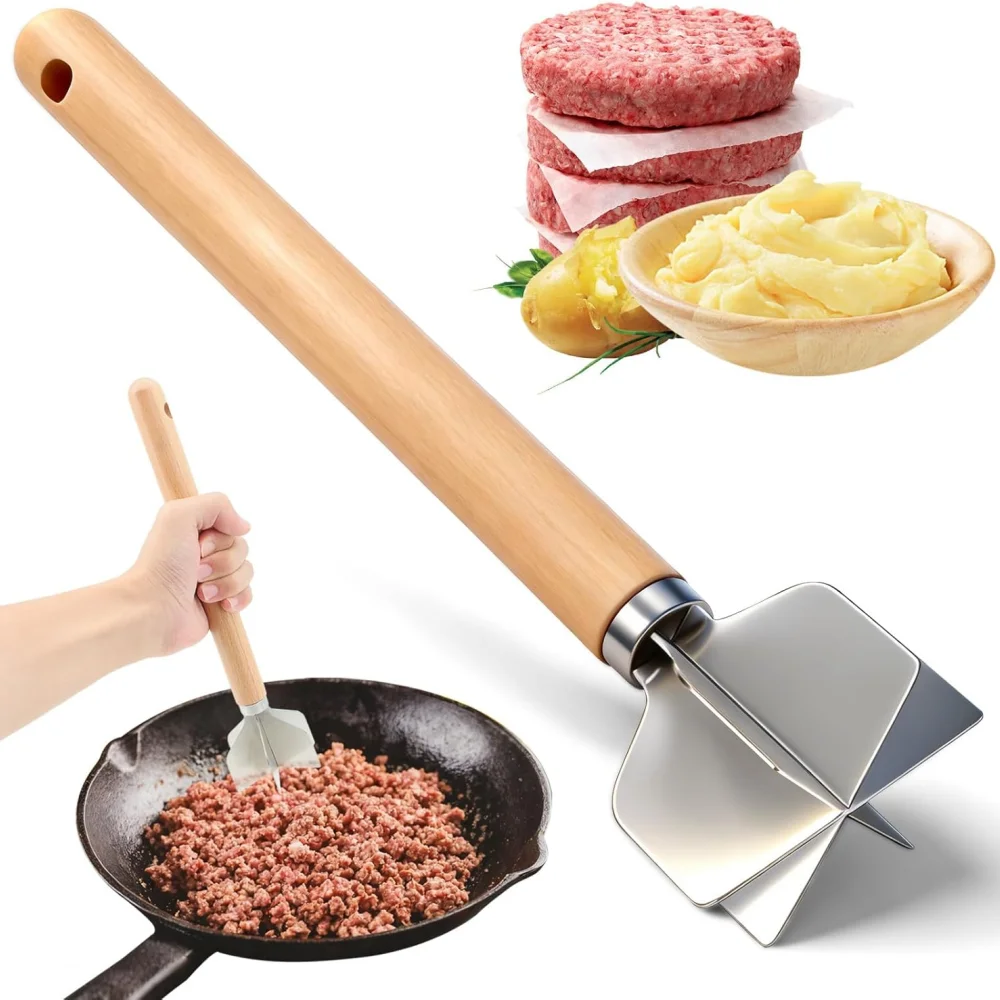 Stainless Steel Meat Cutter, Multi-Functional Stainless Steel Grinder, A Tool for Chopping Fruits and Beef, With a Wooden Handle