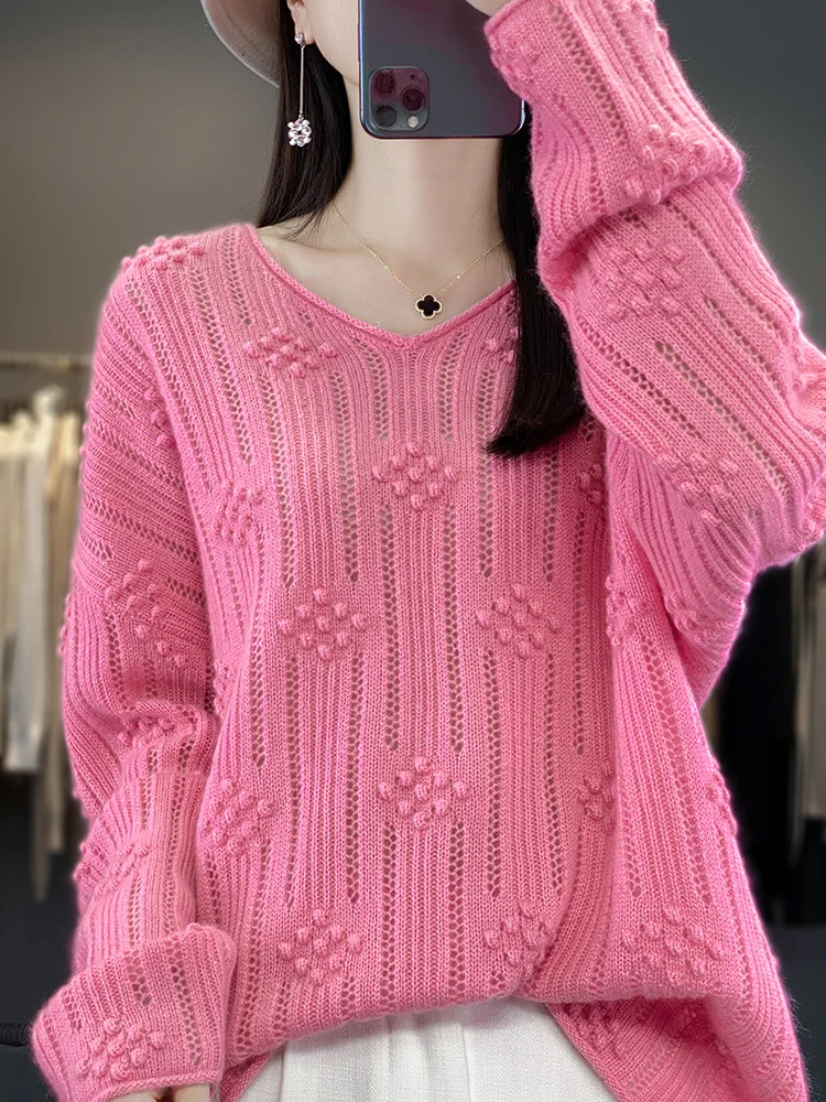 

New Fashion Spring Summer Women Sweater V-neck Pullover 100% Merino Wool Long Sleeve Hollow Out Knitwear Female Clothing