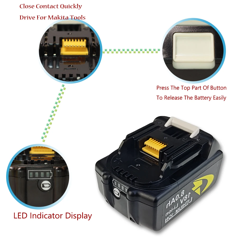 8000mAH for Makita 18V Battery BL1830B BL1850B BL1850 BL1840 BL1860 BL1815 Replacement Lithium Battery