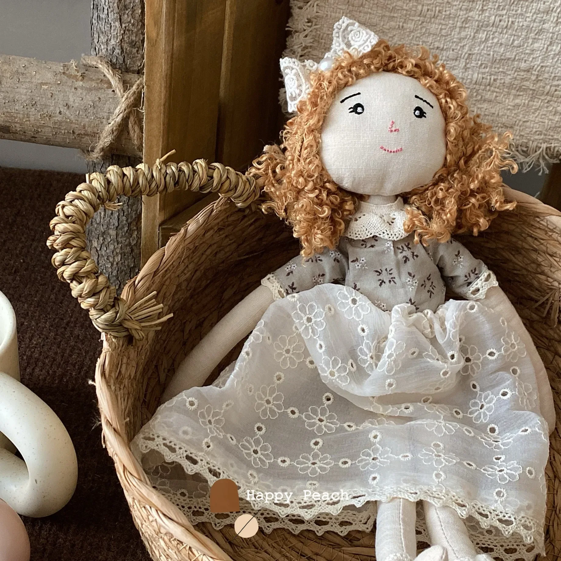 Korean-style fabric floral dress stuffed doll with braids, cute girl figure gift ornament