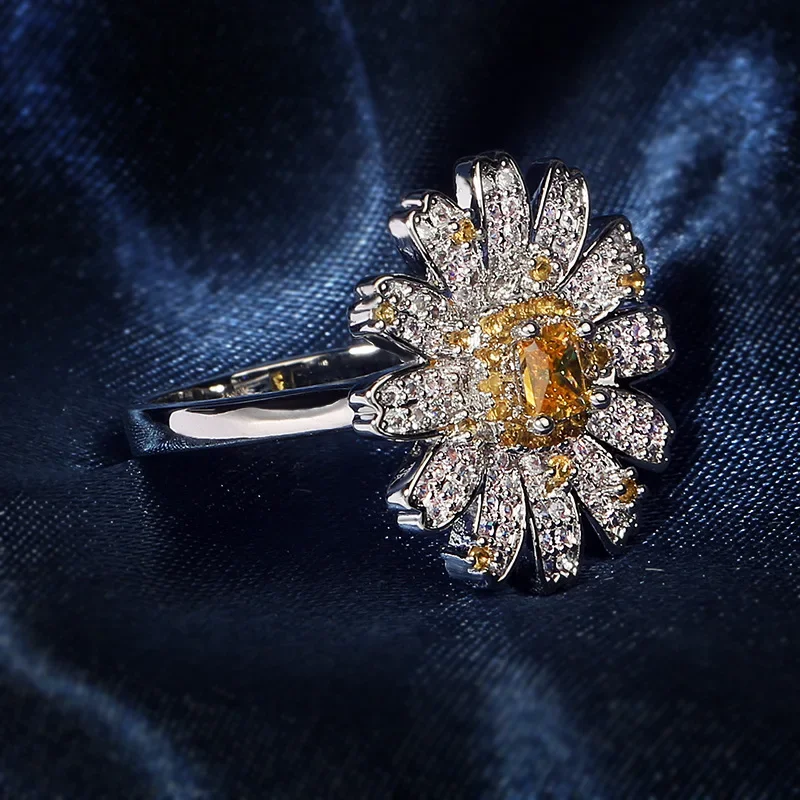 Elegant Brand New Luxury 925 Silver Ladies Small Daisy Flower Ring Exquisite Sunflower Yellow Bridal Exquisite Jewelry Gift