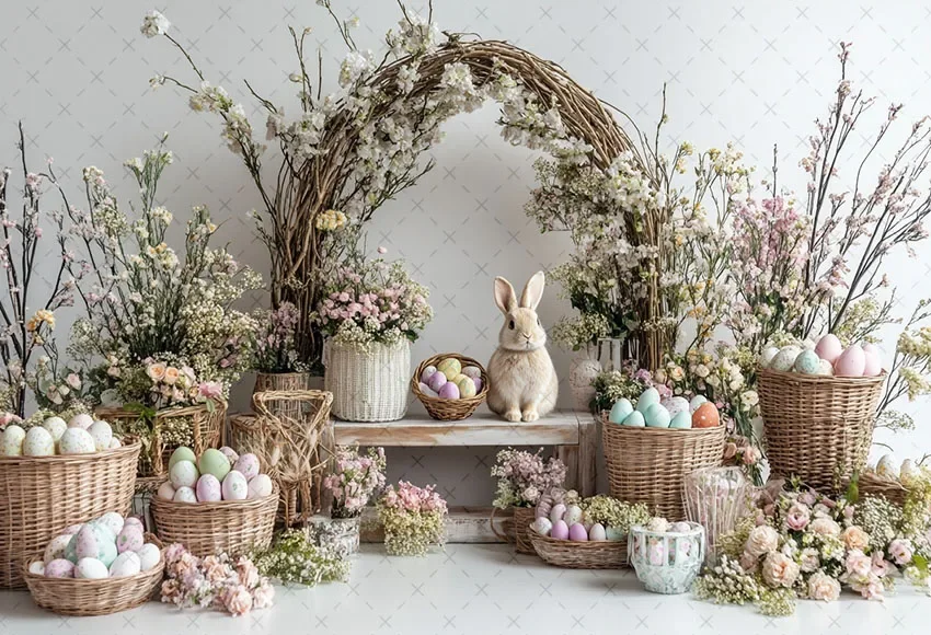 Mehofond Fotografie Achtergrond Lente Pasen Bloemen Konijnen Eieren Kinderen Verjaardagstaart Smash Portret Decor Achtergrond Fotostudio
