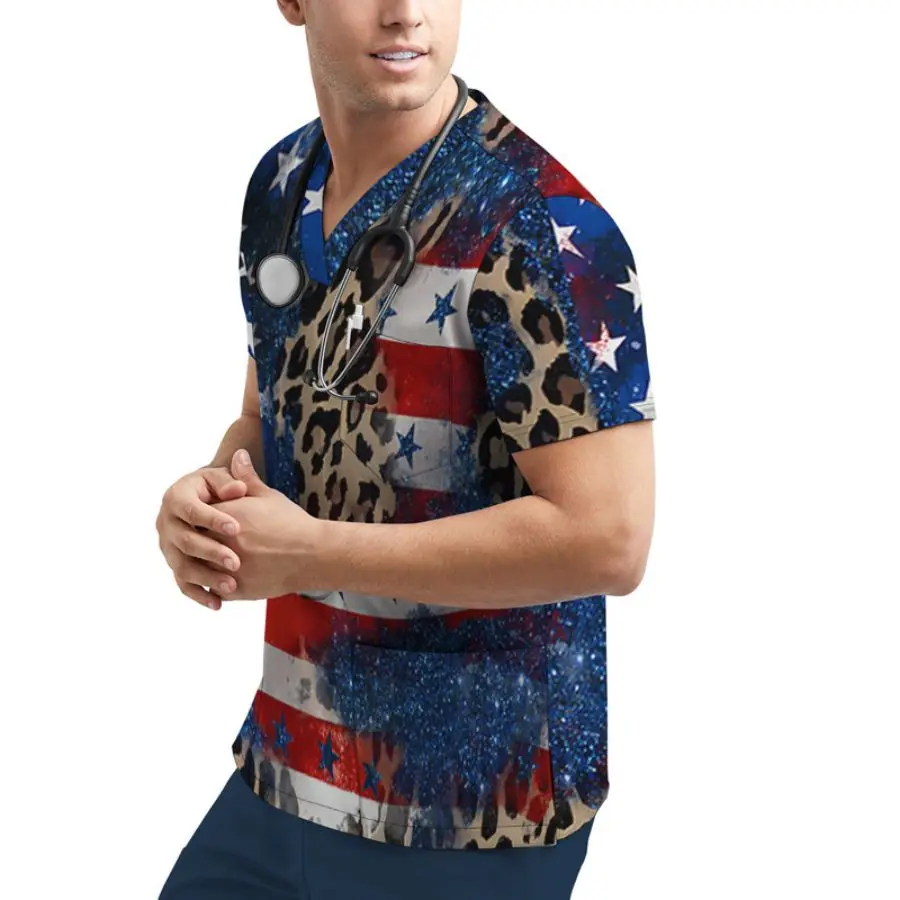 Ropa de trabajo de verano para cuidadores masculinos, ropa de trabajo de manga corta, diseño de banda ancha frontal, traje profesional transpirable
