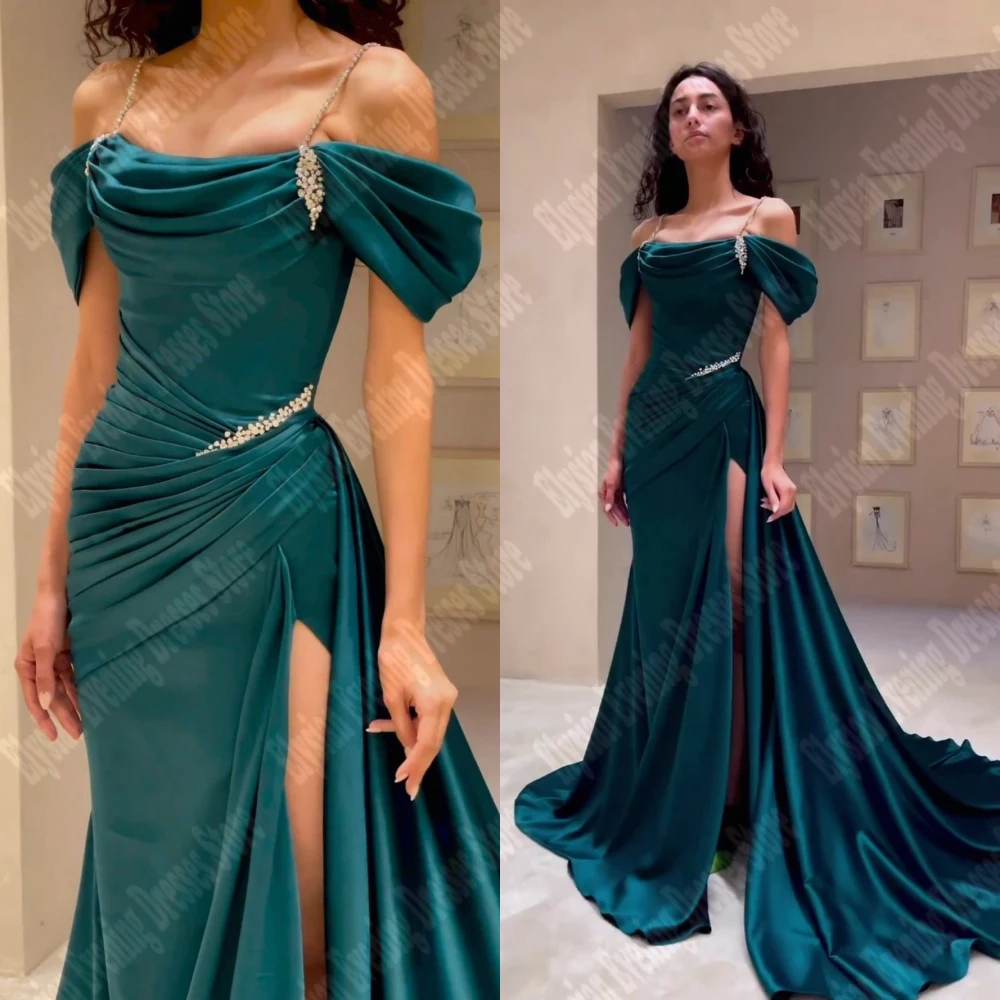 Elegant Luxury Slit Lady Evening Dresses Long Satin Formal Princess Gowns Off The Shoulder Side Split Pleat Vestidos De Noche