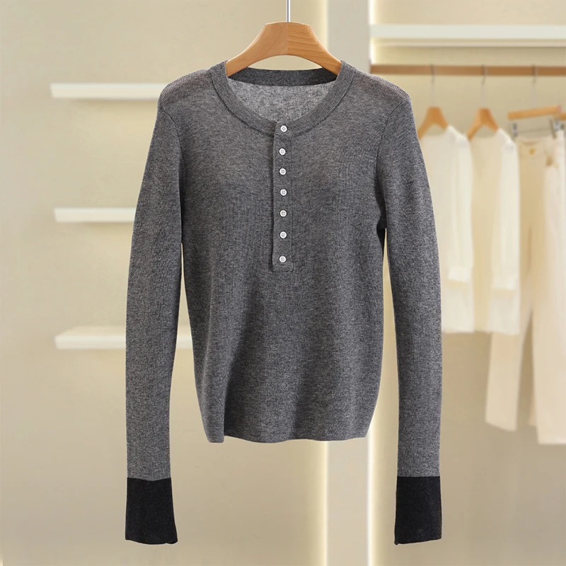 سترة خريفية مريحة كورية مستديرة Ne Splice ذات قاعدة محبوكة irt أنيقة للخريف للشابات من عمر 25 إلى 29 عامًا #1