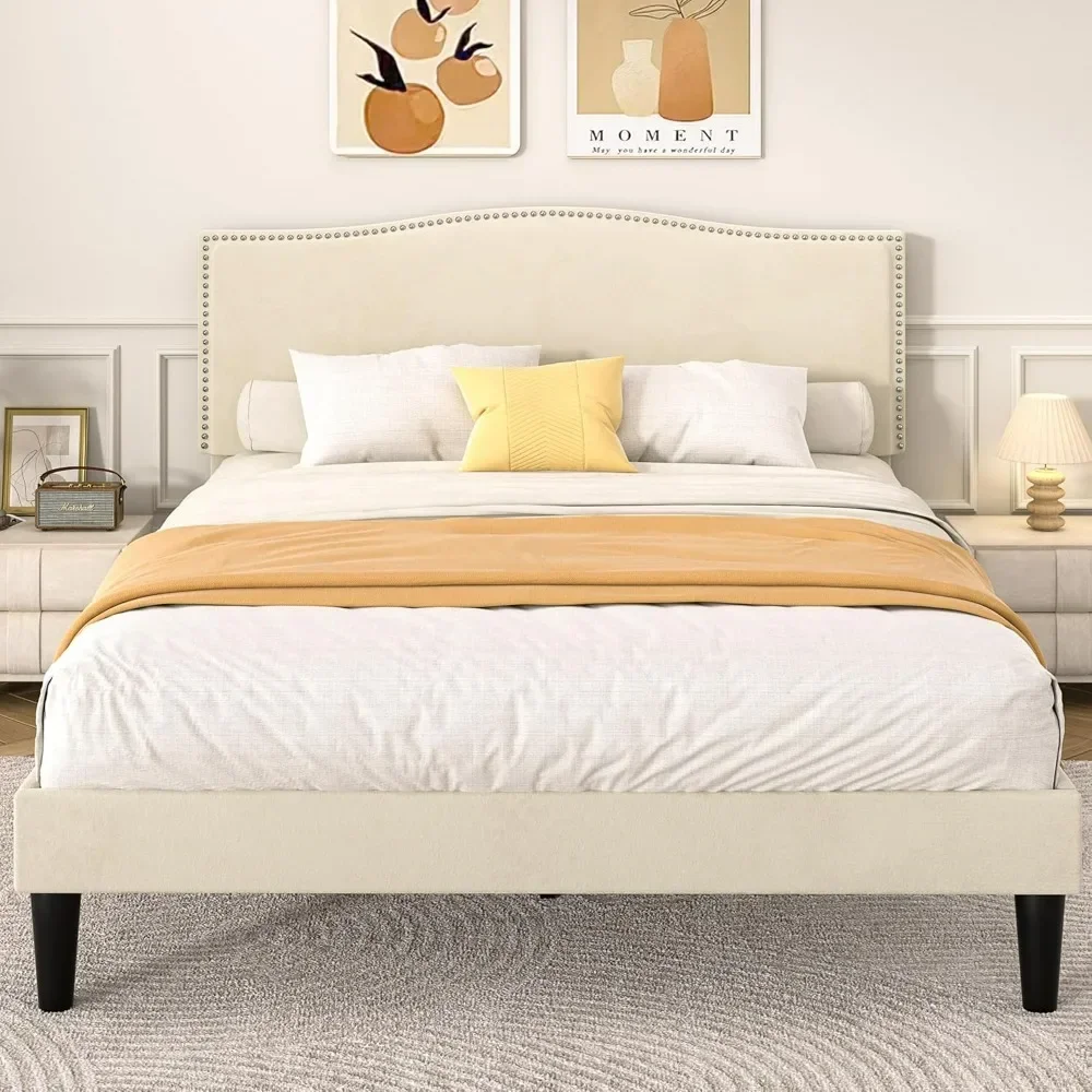 bed.Full Bed Frame Platform Bed Frame with Upholstered Headboard, Strong Frame and Heavy-Duty Slats Support, Non-Slip and Noise