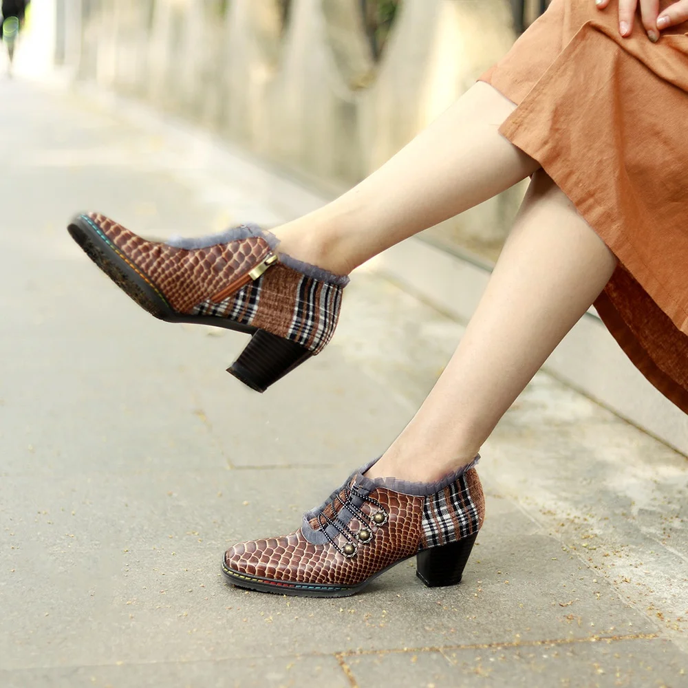 

Rough with female high heels large size autumn new retro elegant square snake pattern print single shoes