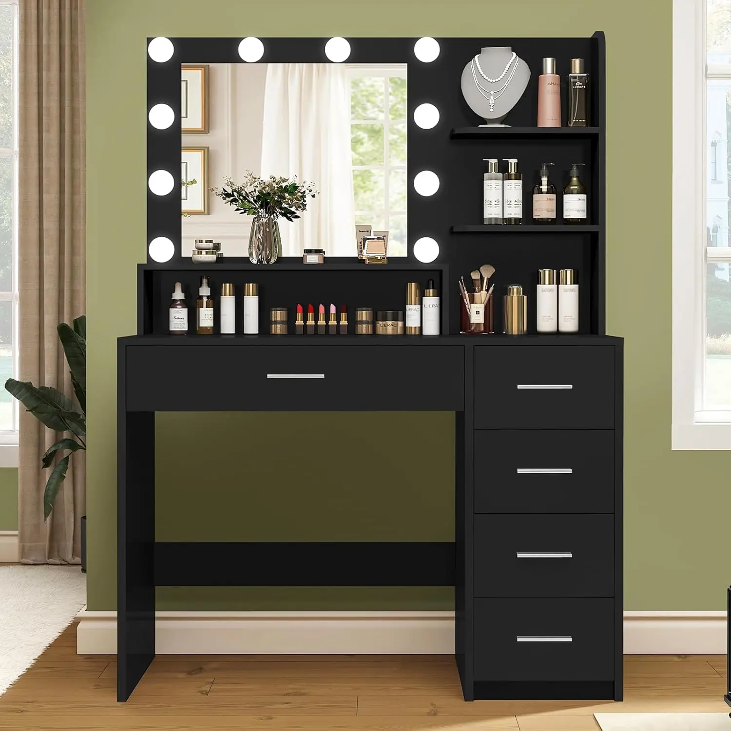 Vanity Desk with Mirror & Lights Vanity Desk with 5 Drawers & Storage Shelves Vanity Table 3 Color Modes & Adjustable Brightness