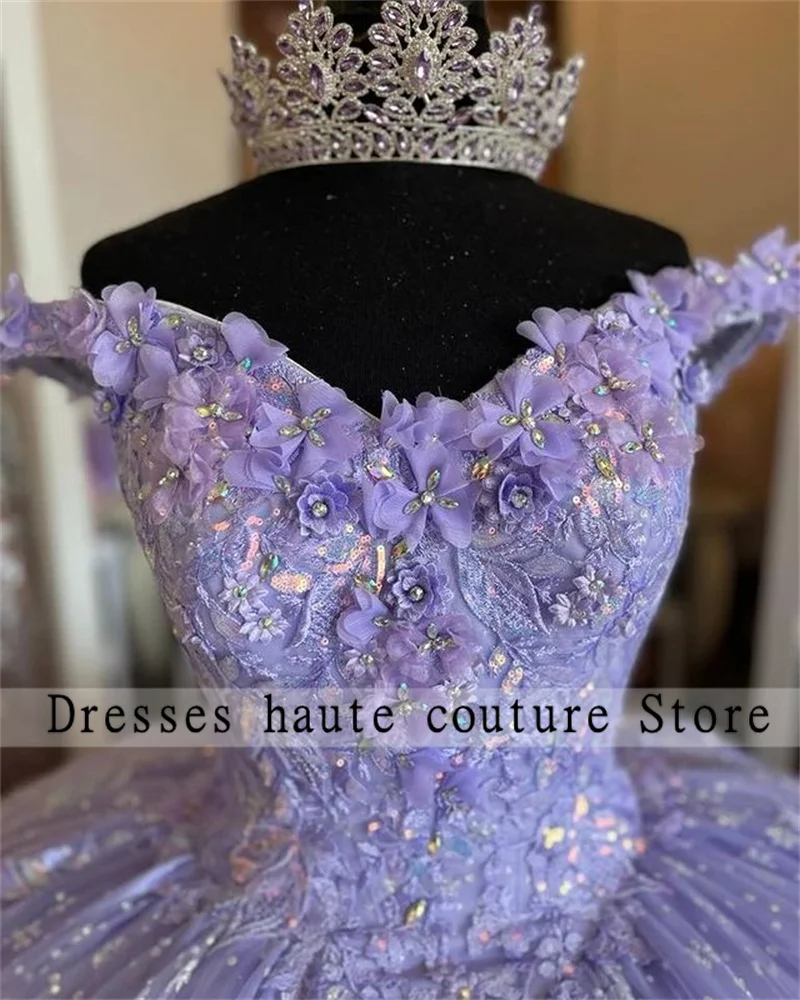 Luxury Lilac Purple Princess Ball Gown Quinceanera Dresses 2024 3D Flowers Appliques Rhinestones Luxury Vestidos De 15 Años