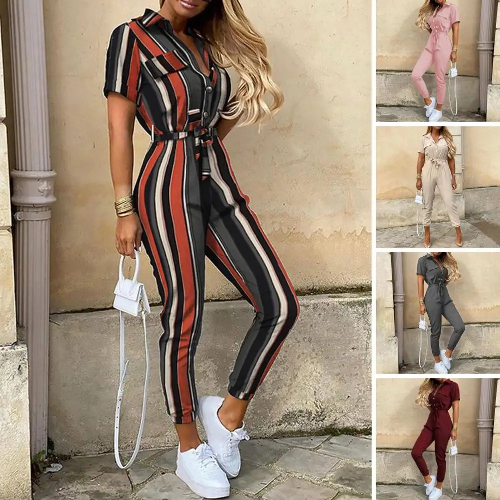 

Women's Monochromatic Belt Workwear Jumpsuit, Casual Pants, Flip Collar, Buckle, European and American, Summer, 2024