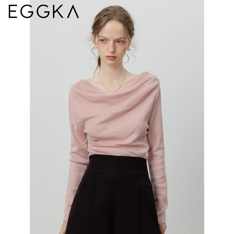 Eggka Slash-Neck Slim Knitwear Women's Fall Elegant Long-Sleeve Tops Off-Shoulder Knitted T-Shirts Female Commute Solid Tops