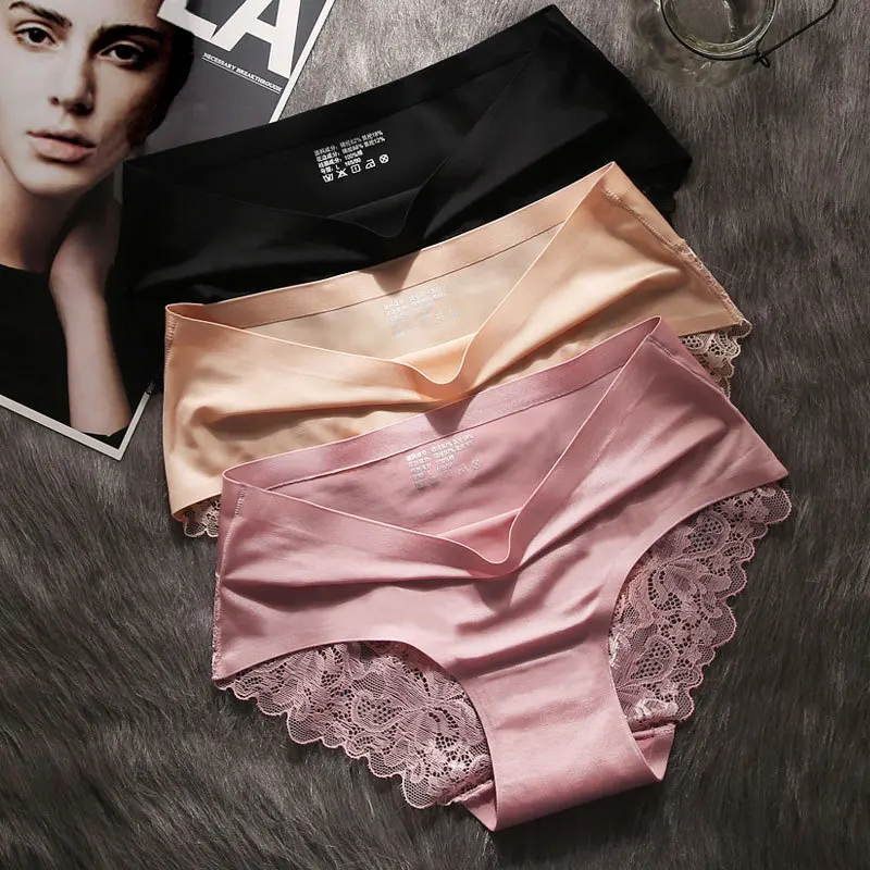 3Pcs/Set Women\'s Panties Lot Lace Seamless Underwear Female Bragas Silk Briefs Stretch Underpants Lady Panty Culotte Femme XXL