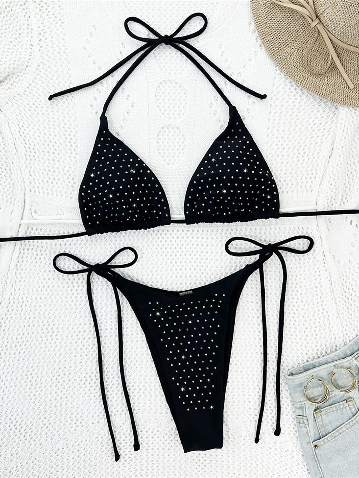 Diamond Rhinestones Halter Strappy Bikini Female Swimsuit Women Swimwear Two-pieces Bikini set Bather Bathing Suit Swim K5351