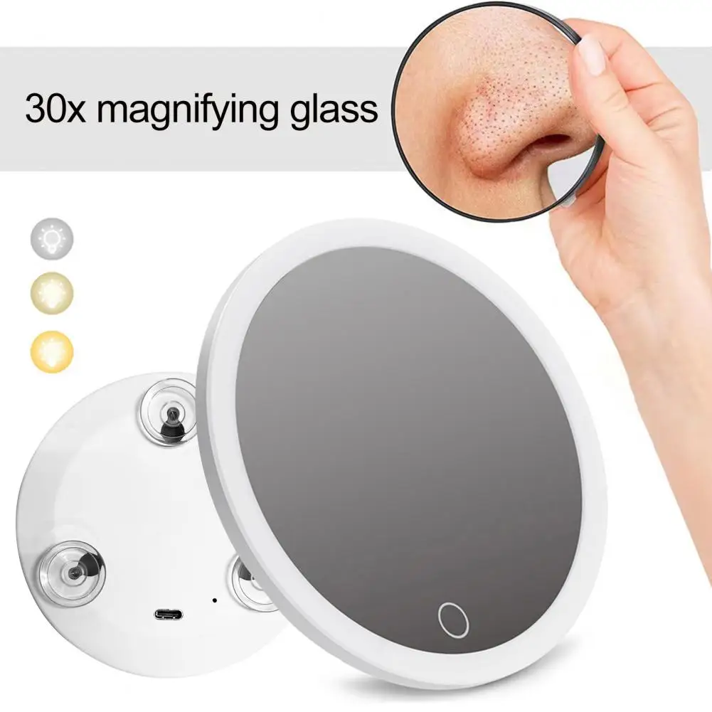 

10CM 30X Magnifying Mirror With Tweezers Travel LED Makeup Mirror 3 Suction Cups Rechargeable Dimmable Magnified Vanity Mirror