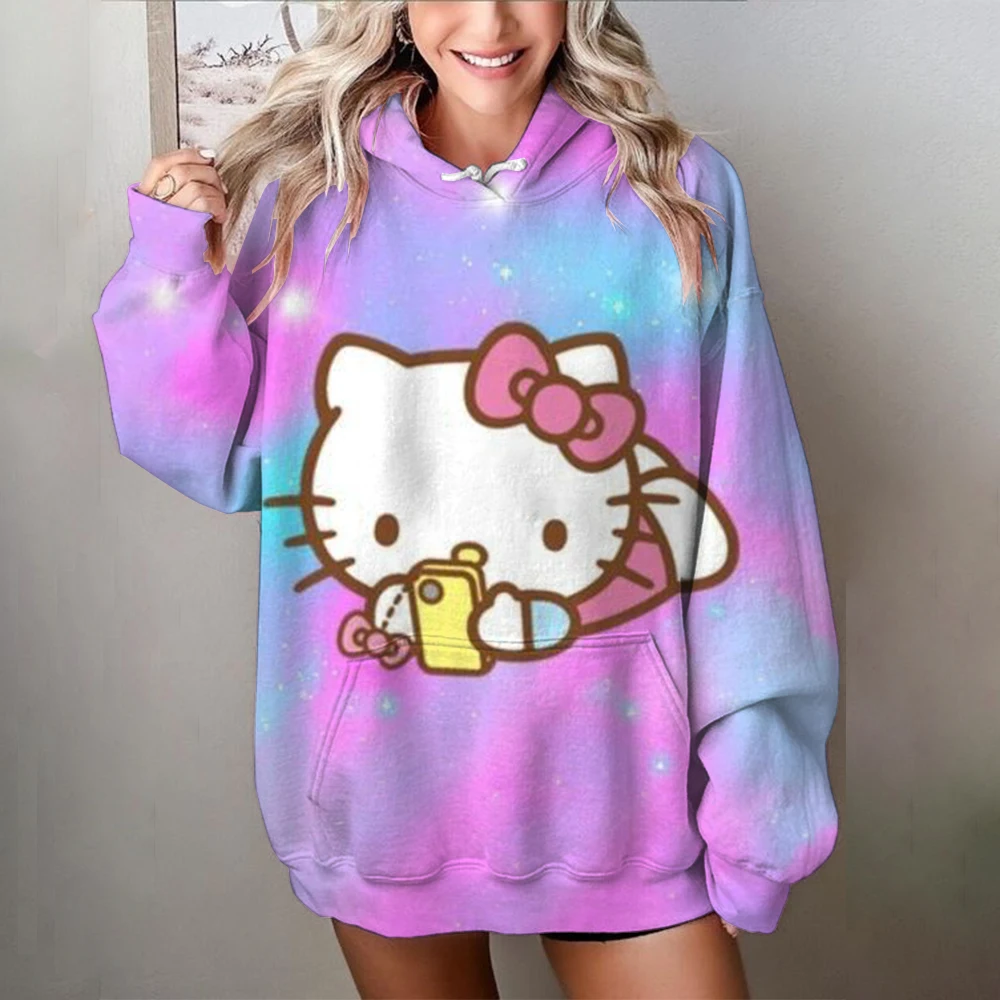 2024 New Fashion Hello Kitty Printed Couple Loose Hooded Sweater Winter Kawaii Fall 2024 Women Anime Hoodie