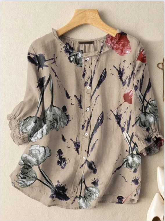 

2024 5 Printed Tops Women Summer Blouses Short Sleeve Shirts Female Casual O Neck Floral Tunic Chemise Oversize