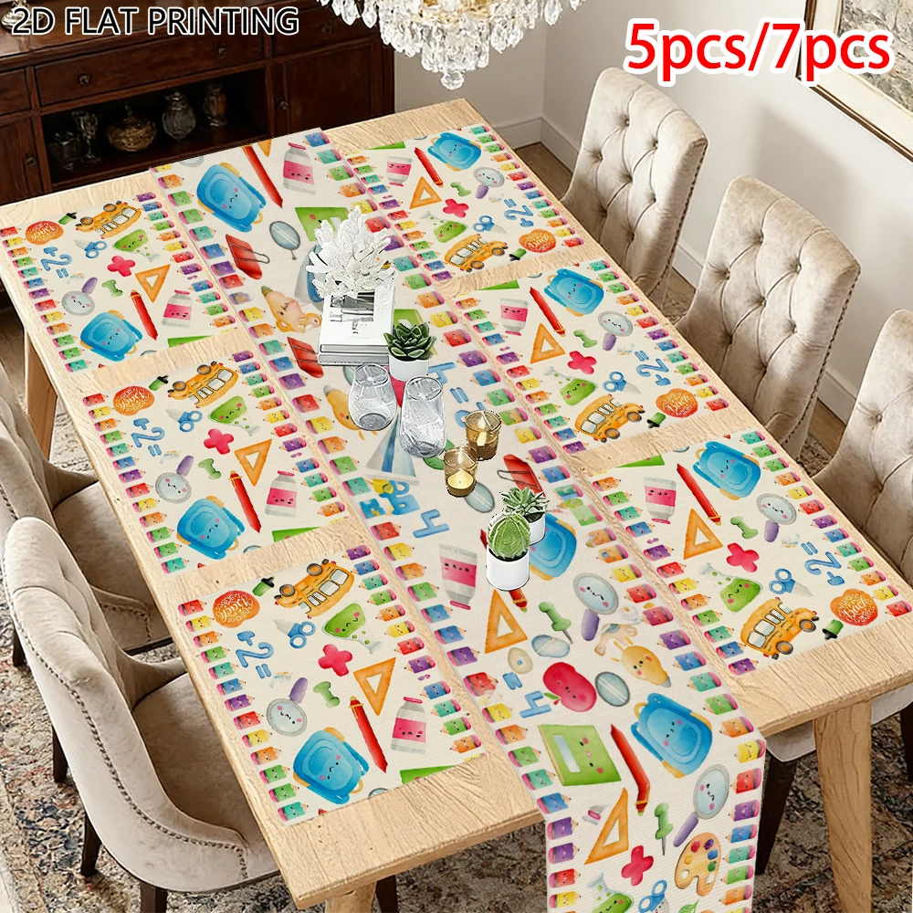 1pc Back To School Stationery School Bus Table Runner and Placemat for Home Dining Table Classroom Party Decor