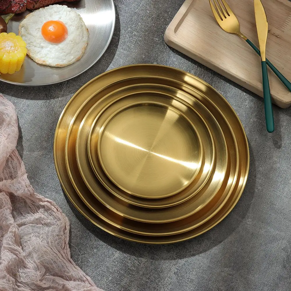 Stainless Steel Gold Silver Tableware Fruit Meat Shallow Tray Bone Spitting Dish Round Plate Metal Dining Disc