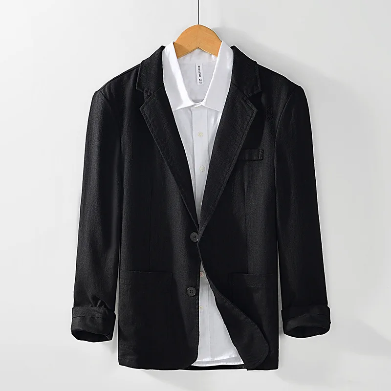 

L87 Casual Cotton Linen Suit Jaet Busin Flat Collar Color Outerwear Loose Fit Long Sve Double Slit Split