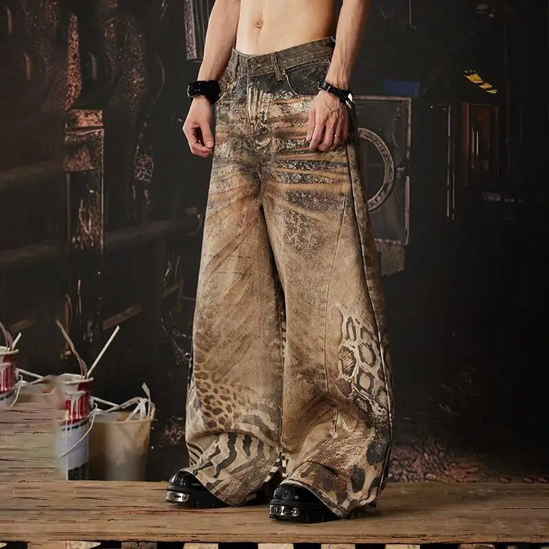 MWJLPWQ Men's New Leopard Printed Jeans Streetwear Y2K Punk Loose Fit Wide-Leg Pants Spring Autumn Hiphop Denim Trousers 14894