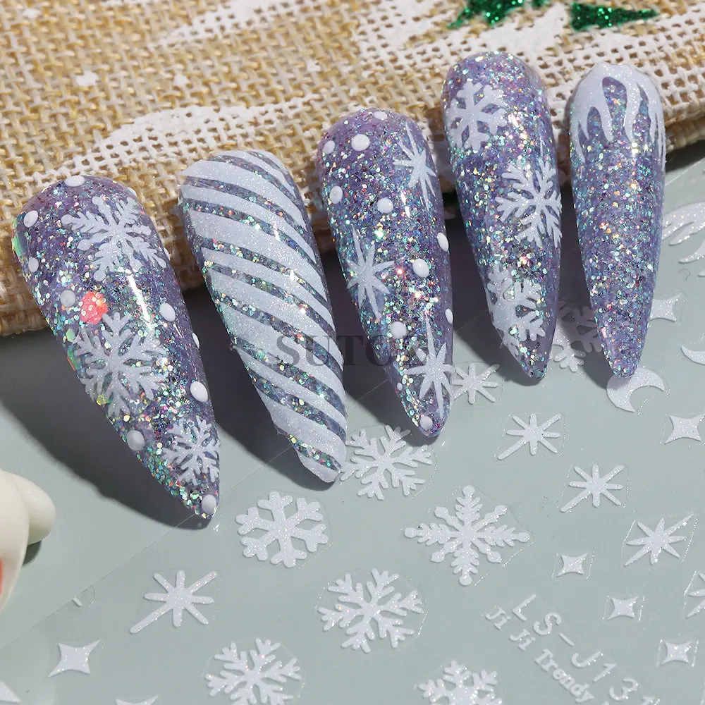 Weihnachten weiße Schneeflocke Nail Art Aufkleber Glitter Gold Mond Aufkleber Silber Kreuz Stern Schieber egler für Nagel Winter Maniküre Dekor nllsj