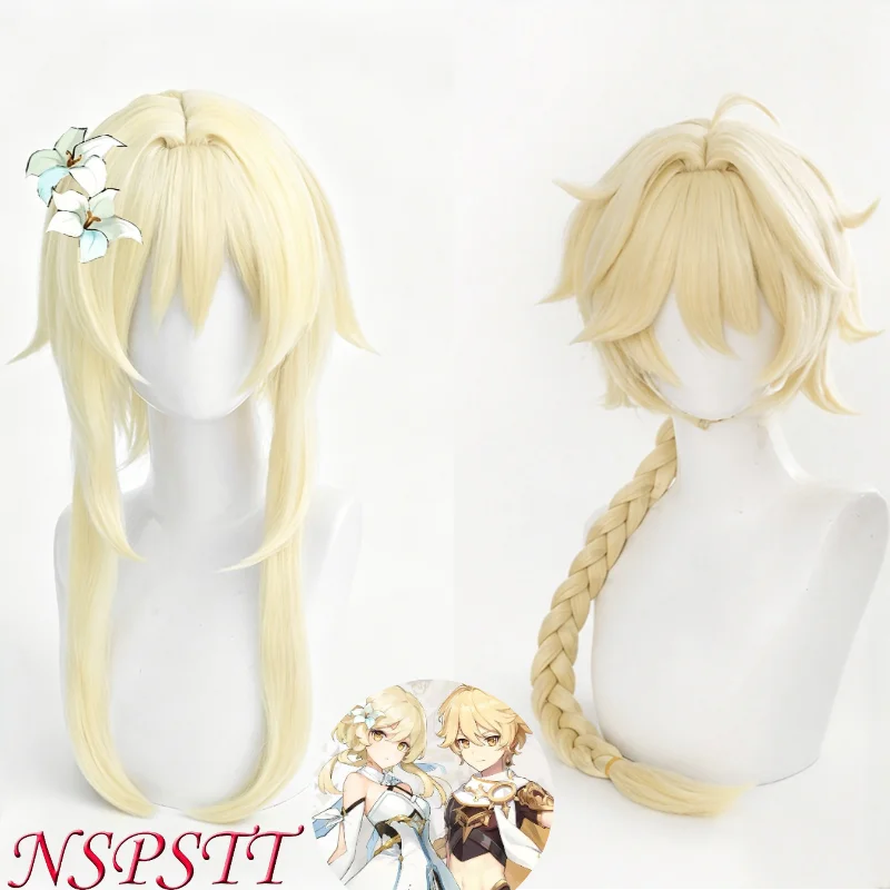 NSPSTT Genshin Impact Lumine Aether Cosplay Wig 45cm Pale Gold Synthetic Hair for Anime Costume Accessories