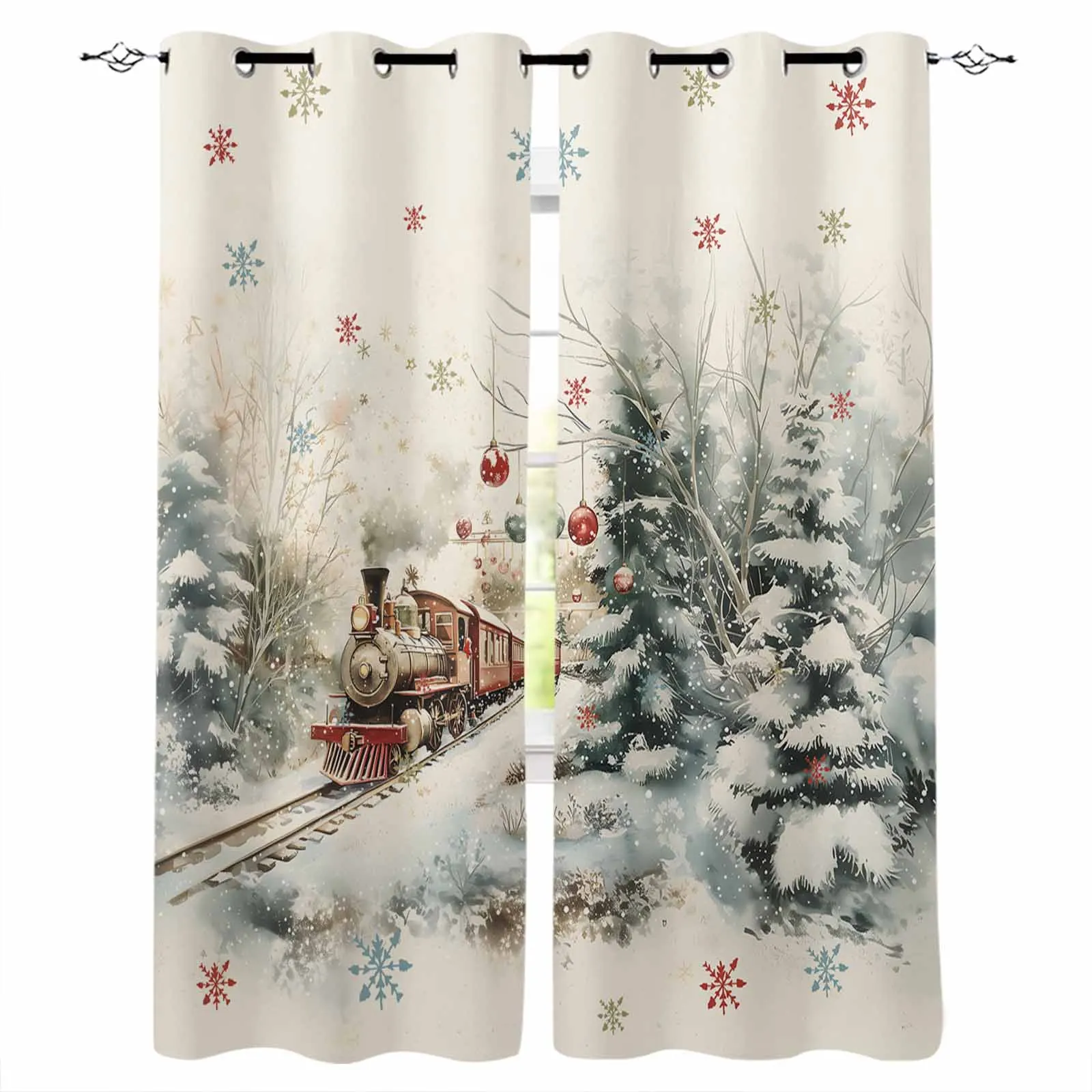 

Christmas Watercolor Train Forest Snow Blackout Curtains For Living Room Bedroom Window Treatment Blinds Drapes Kitchen Curtains