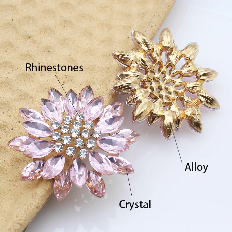 2pcs New Large Luxury Crystal Sunflower Rhinestone Button DIY Hollow Metal Clothing Sewing Decoration Accessories