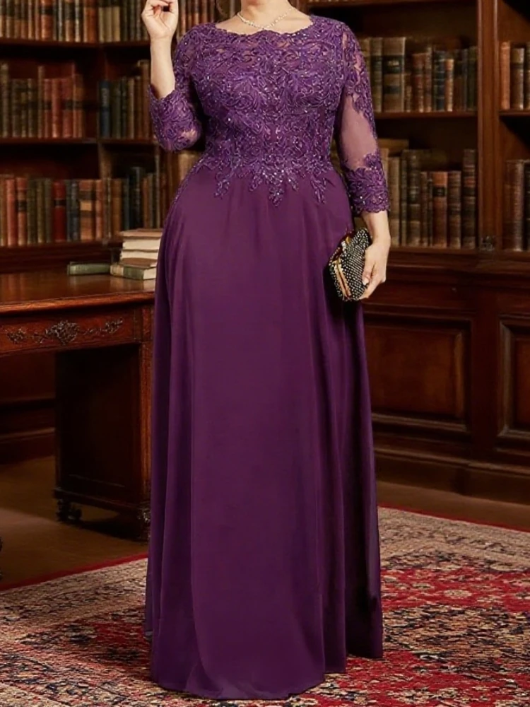 

Grape Chiffon Mother of The Bride Dress Scoop 3/4 Sleeves Sequined Applique Floor Length A Line Wedding Guest Gown Customized