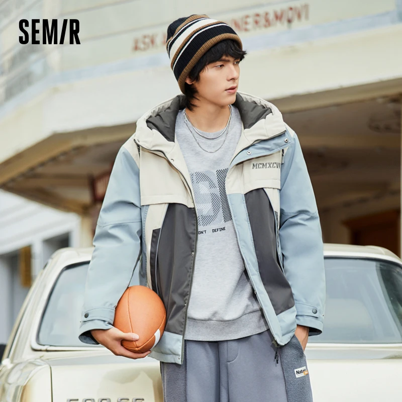 Semir Cotton Coat Men Winter Trendy Multi-Color Splicing Jacket with Warm Texture Casual Loose Hooded Cotton Coat