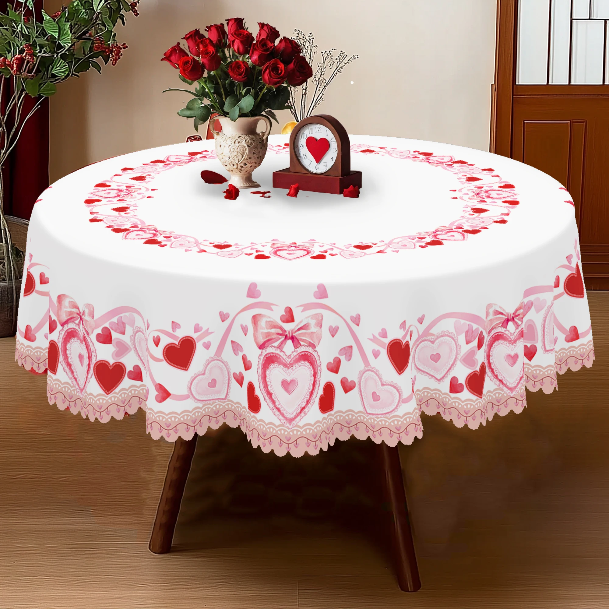 

1 Piece Valentine's Day Round Tablecloth, 5 Sizes, Spring Romantic Heart-Shaped Printed Square Tablecloth, Edge Embossing Process, Wedding Anniversary Garden Tablecloth Decoration, Tablecloth for Daily Home Kitchen, Terrace, Wedding Decoration Gift