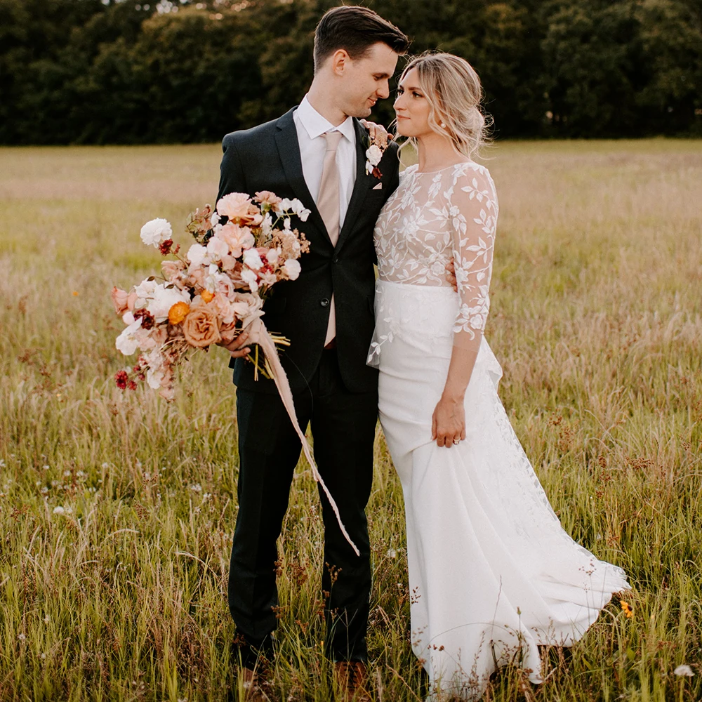 Robe de Mariée en Tulle et Dentelle Personnalisée, Grande Taille, Manches sulf, Rustique, Dos aux, Fourreau Satin, Patients Pastrol