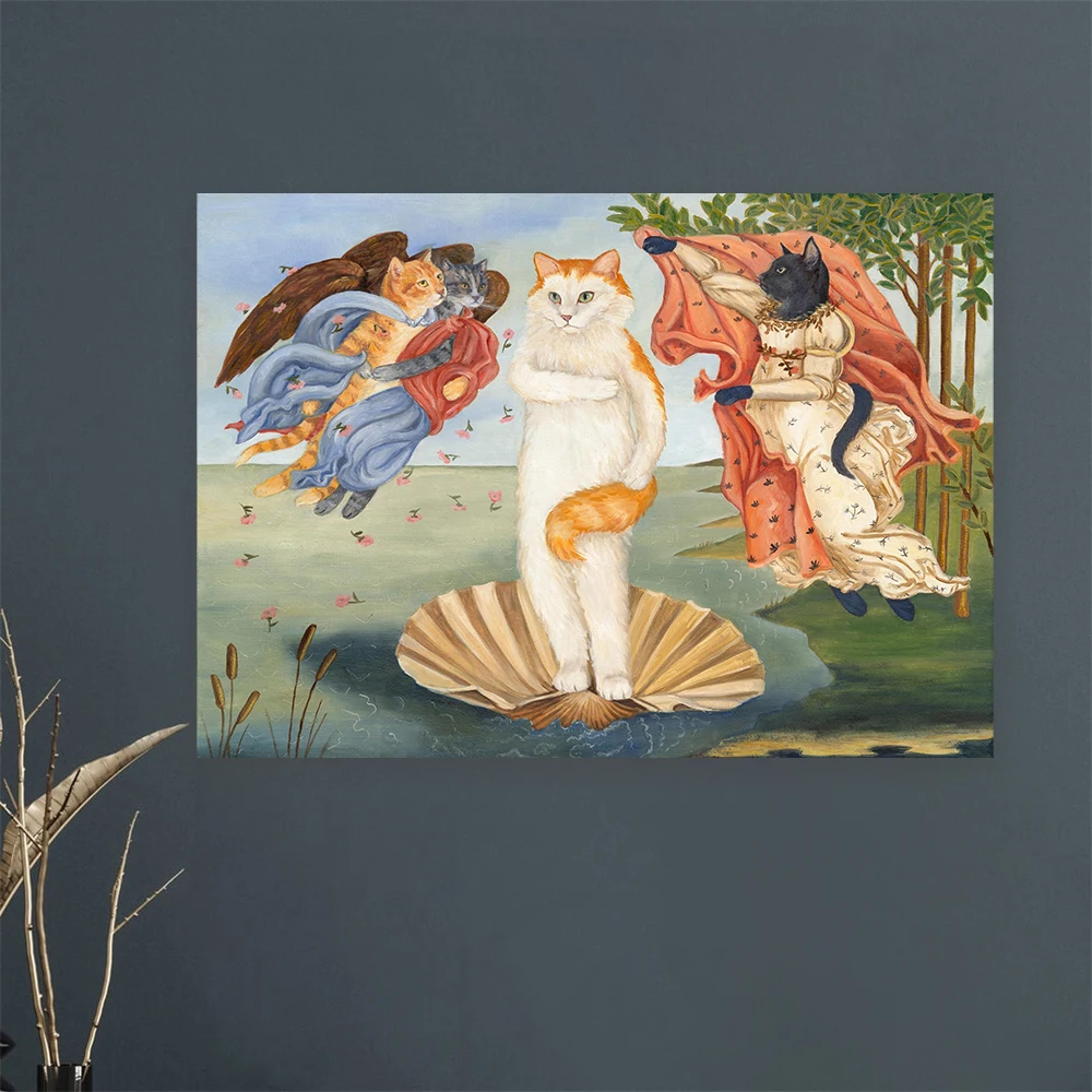 

Funny Cat Canvas Art Michelangelo Art Poster Print Humorous Renaissance Canvas Painting Cat Venus Botticelli Prints Bedroom Art