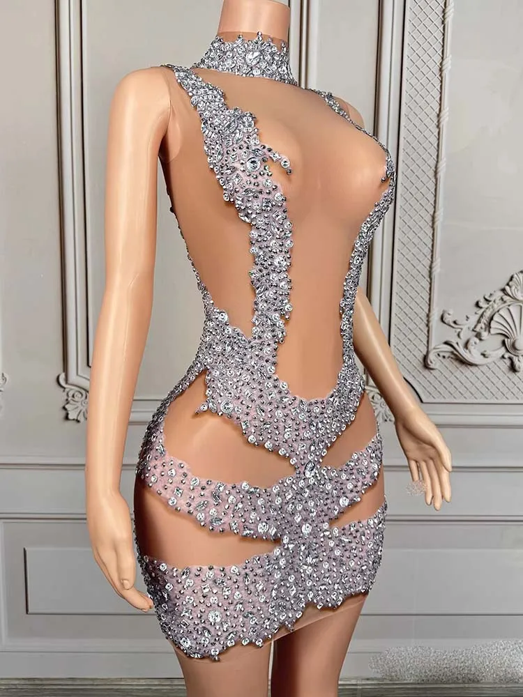 Hochwertiges, heißprägenes, sexy elastisches Mesh-Kleid, 2025, neue Mode, individuelle Damenbekleidung