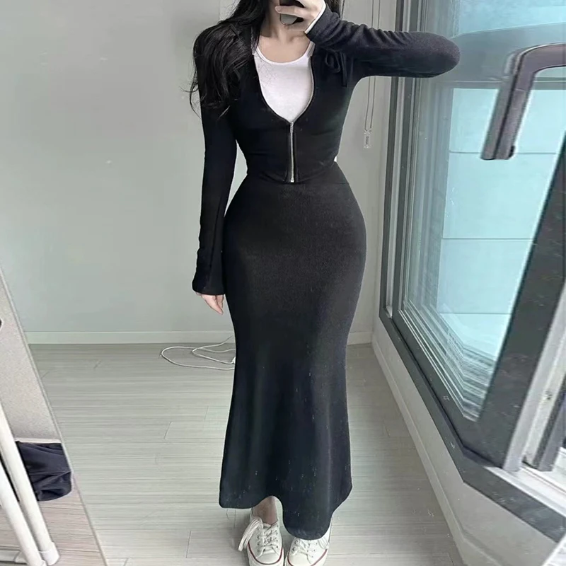 

Сексуальный облегающий женский модный комплект с капюшоном или пальто Fi Tail Wrap Длинная юбка Модный длинный кардиган на молнии све для взрослых