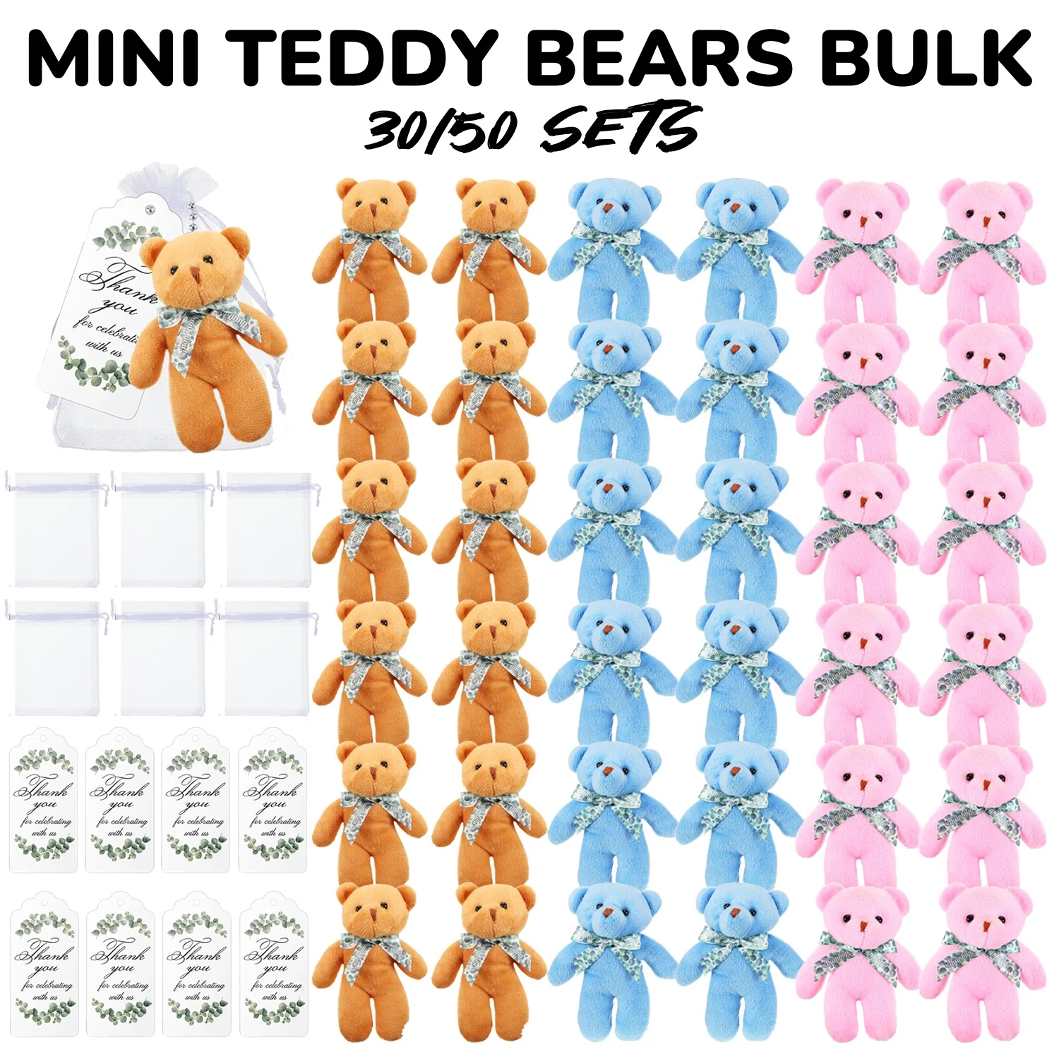 

30/50 Sets Small Plush Bear Bulk 4.72 Inch Mini Stuffed Animals Keychain Tiny Bear Party Favors with Tags and Bags for Birthday