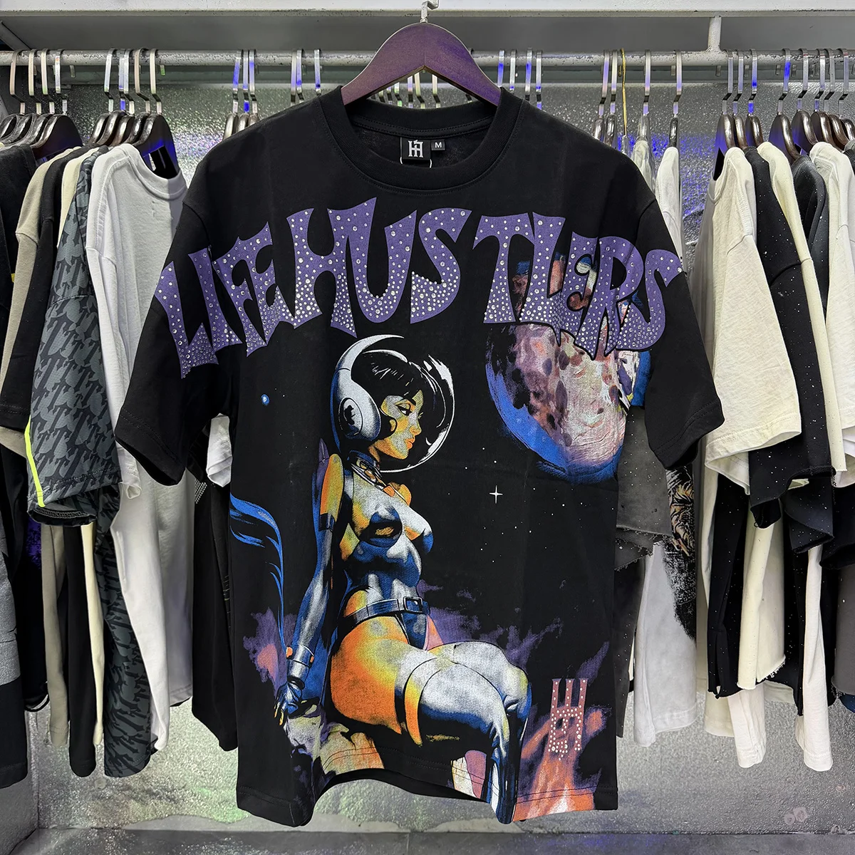 Black White Letter Rhinestone Astronaut Printed Pattern T-shirts Men Women Fashion Loose Cotton Casual  Shinning Diamond Tees