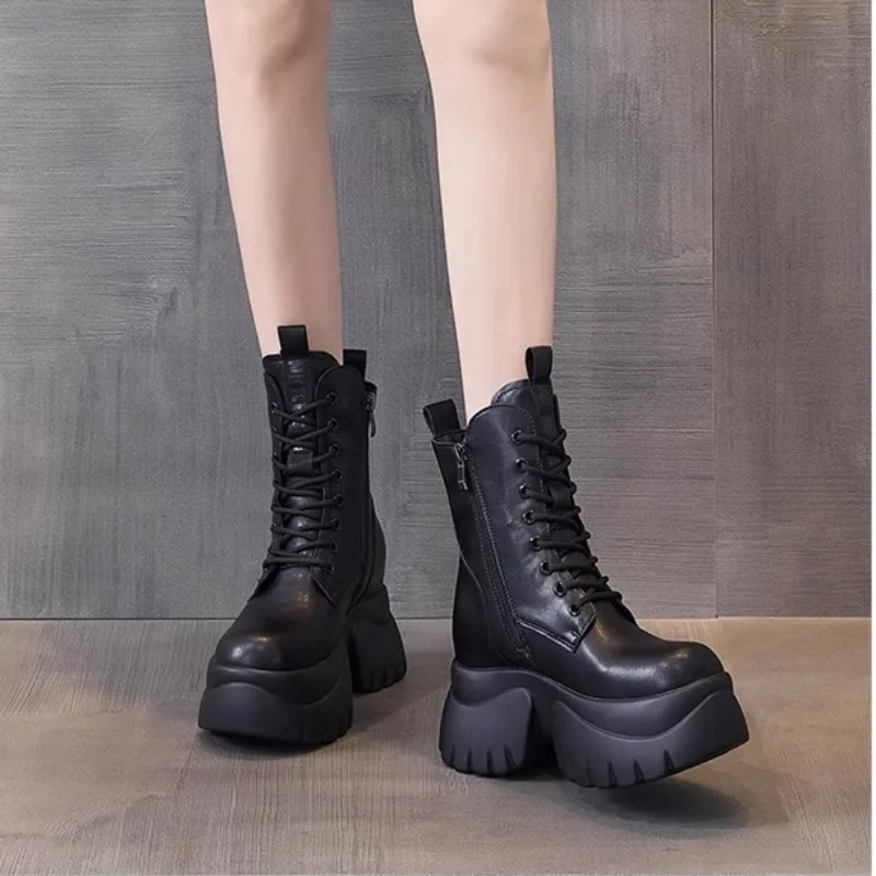 Botas de meia panturrilha com zíper lateral para mulheres, cordões dianteiros, saltos de plataforma, escritório e carreira, venda quente, nova moda, 2024