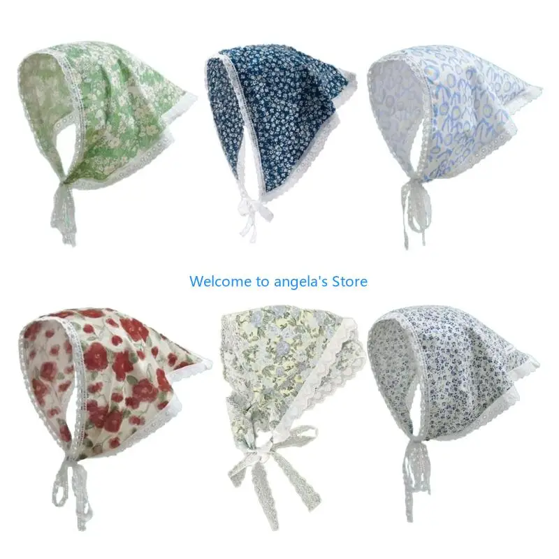 

X4YC Elegant Lace Triangular Headscarf Flower Print Headwrap for Spring Outings Picnics