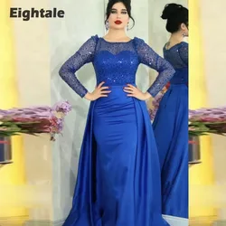 Eightale Luxury Evening Dresses with Detachable Skirt Royal Blue Long Sleeves Customized Satin Mermaid Party Prom Gown