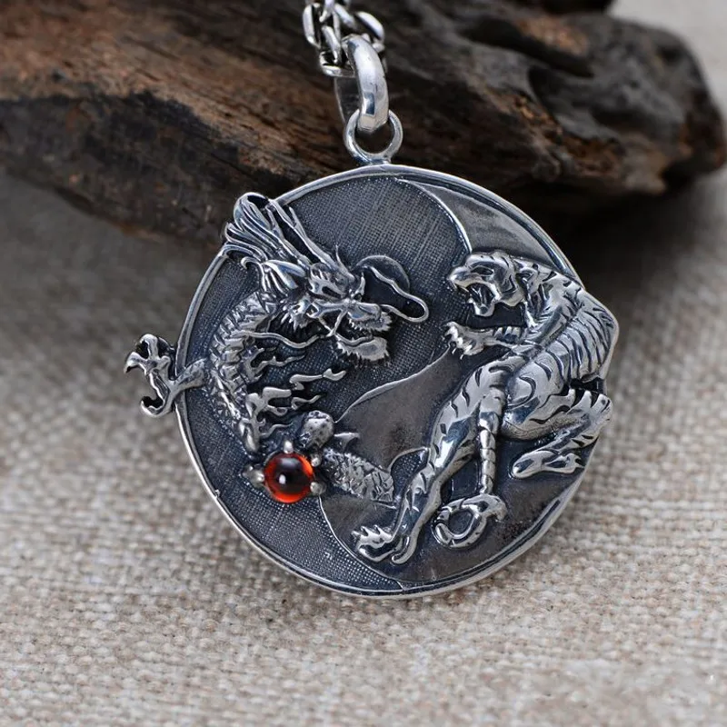 BOCAI New S925 Silver Jewelry Man Pendant Retro Tai Chi Bagua Dragon White Tiger Good Luck and Safe Birthday Gift