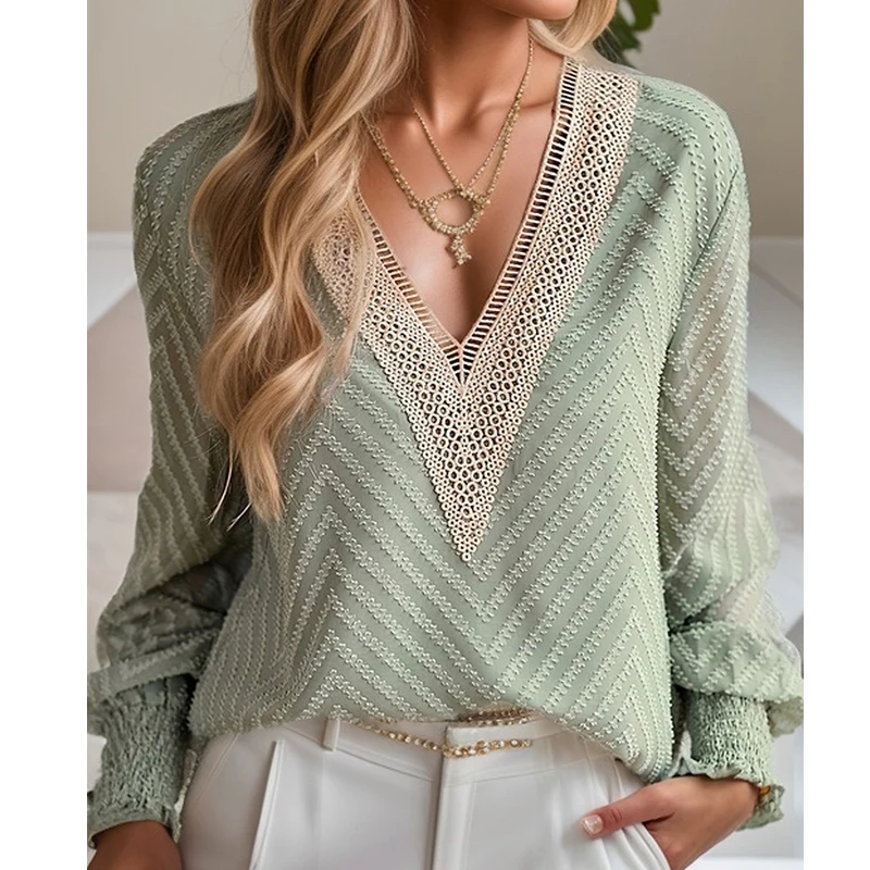 Autumn Elegant Fashion Office Lady Shirt Women Solid Color V Neck Gauze Hook Flower Hollow Long Sleeve Knitted Loose Casual Top