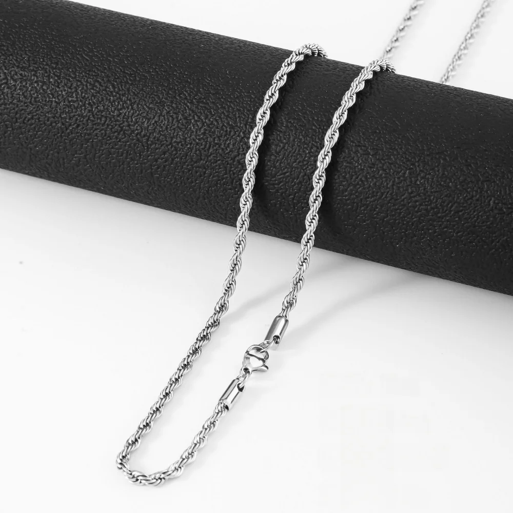 2mm Hip-Hop Dünne Twist-Kettenhalskette Punk Silberfarben Edelstahl Herrenhalskette Mode-Schmuck-Accessoires – Detail 5