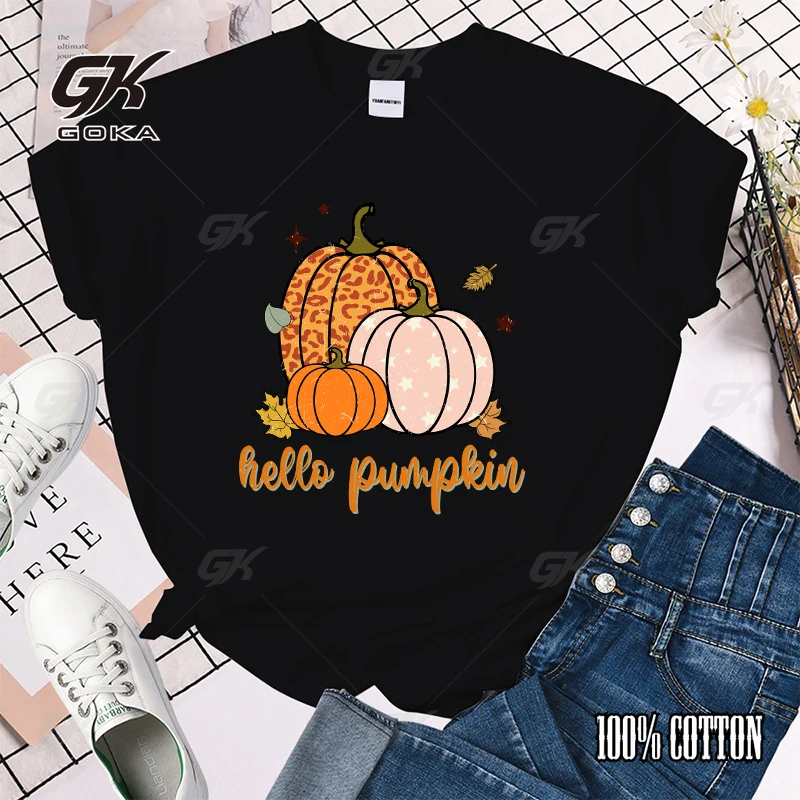 Fall Hello Pumpkin Print T-Shrits For Women Summer Short Sleeve Round Neck Cute Loose Creative tops