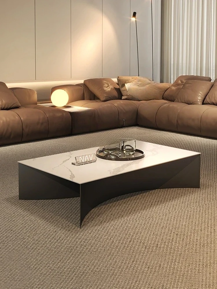 A  Light luxury modern rock slab coffee table living room household square black titanium stainless steel coffee table high-end