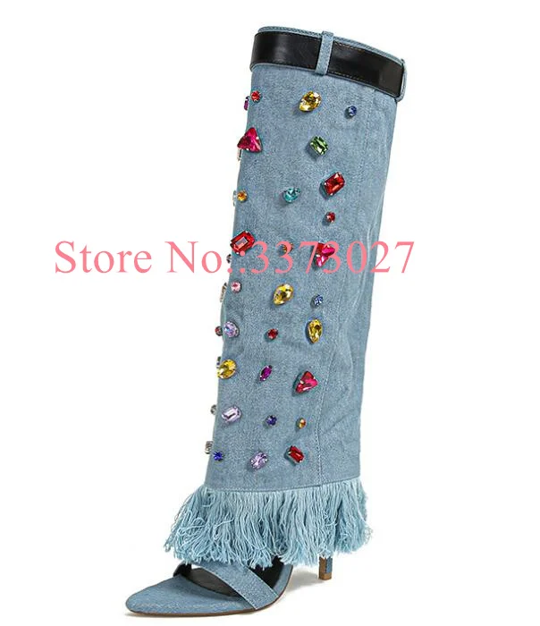 Crystal Decor Denim Lady Long Boots Sexy Fringe Pointed Toe Woman Knee High Boots Fashion Thin Heel Jean Sandals Boots