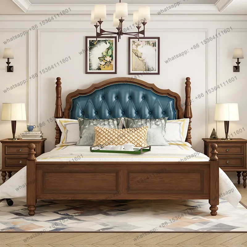 

All solid wood American European leather wedding bed walnut simple solid wood bed