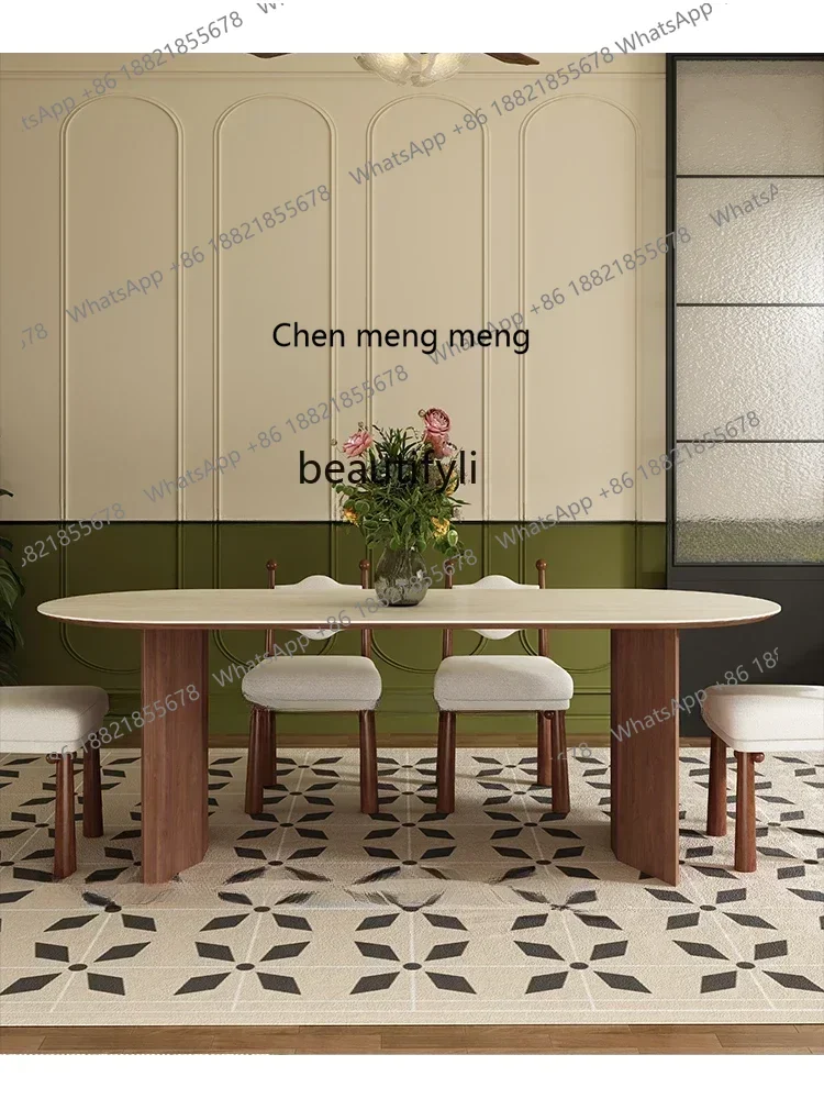 20031A Black Walnut Dining Table Cave Stone Stone Plate Small Apartment Oval French Dining Table